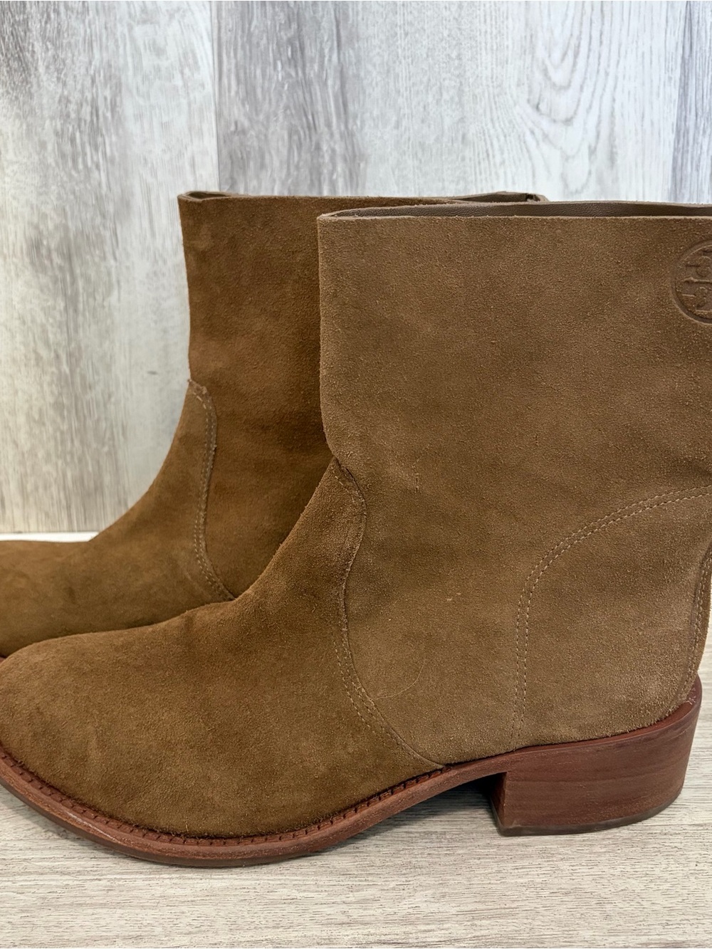 Tory Burch Sienna Suede Bootie Ankle Boots Womens Size 9 River Rock Brown